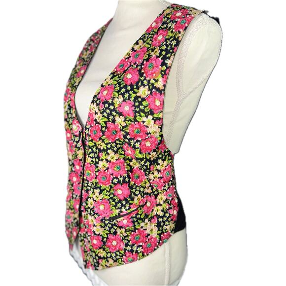 VTG AJ 90s Floral Beaded Sequin Vest Women’s Medium Waistcoat CottageCore Whimsy - Picture 2 of 5
